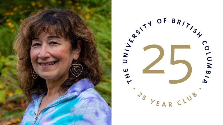 Sandy smiles at the camera, She has shoulder length wavy brown hair and wears a tie die blue and purple top. The UBC 25 Year Club logo occupies the other half of the image.