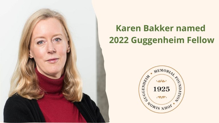 Photo of Dr. Bakker with shoulder length blonde hair and a red polo neck. Text reads 'Karen Bakker named 2022 Guggenheim Fellow' with the Guggenheim Foundation logo underneath