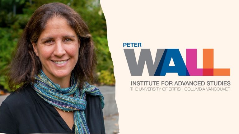 Michele has shoulder length brown hair and is wearing a blue scarf. The logo for the Peter Wall Institute for Advanced Studies appears opposite her.