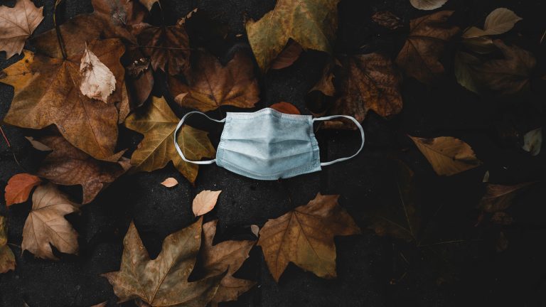 A surgical mask discarded on the ground among some leaves