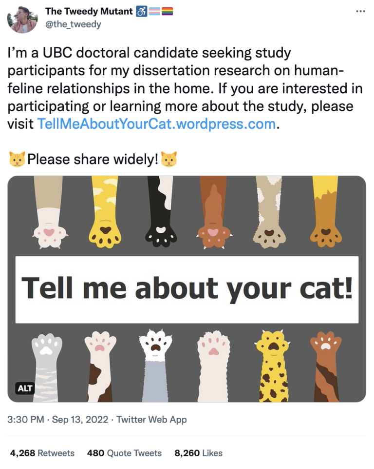 Tweet from Corin's account (@the_tweedy) reads: I’m a UBC doctoral candidate seeking study participants for my dissertation research on human-feline relationships in the home. If you are interested in participating or learning more about the study, please visit http://TellMeAboutYourCat.wordpress.com. 🐱Please share widely!🐱 It has over 4,000 retweets and over 8,000 likes.