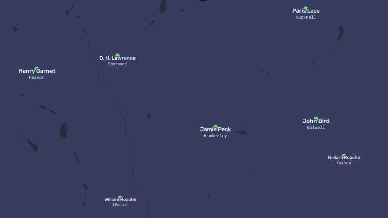 A map of the county of Nottingamshire in the UK, with Jamie Peck's name marked next to the town of Kimberley.