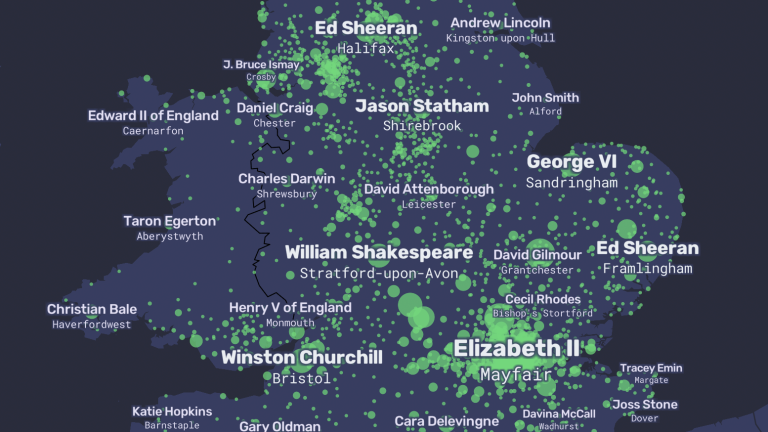A map of Great Britain with the names of famous people listed in place of towns and cities