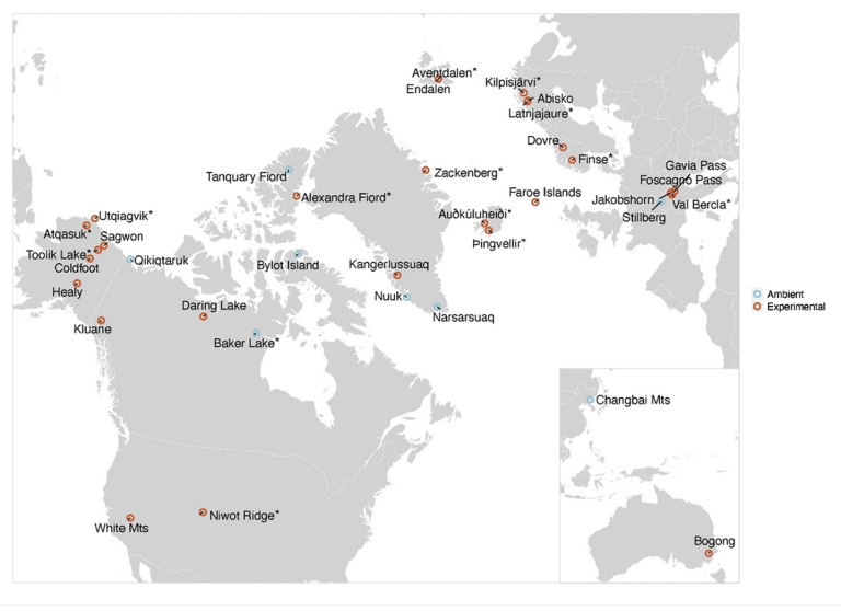 A map showing the locations of ITEX experiments around the world. Many are concentrated in high arctic Canada, Alaska, Greenland, Iceland and Norway.