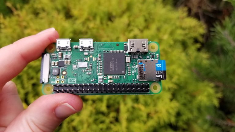 Close up of a Raspberry Pi microcomputer, which looks like a tiny motherboard