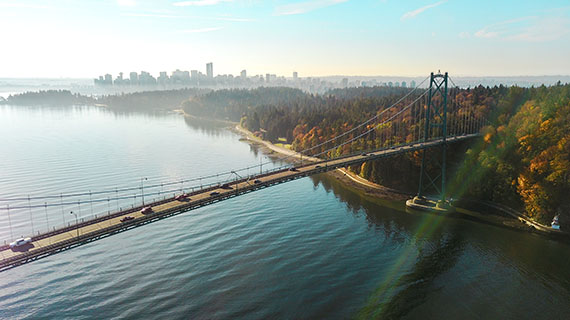 Aerial view of Lionsgate Bridge and Stanley Park