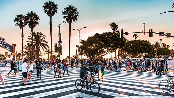 Many people at a busy zebra crossing, with palm trees in the background