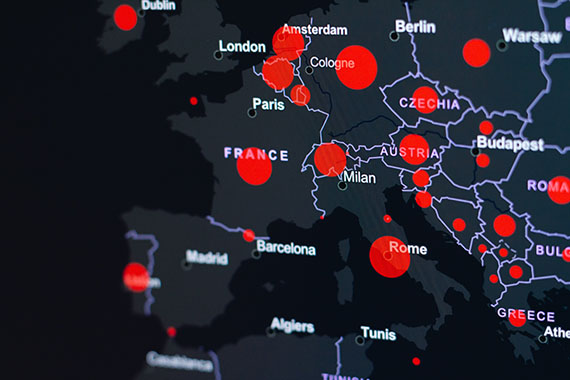 Map of western Europe with red dots overlaid