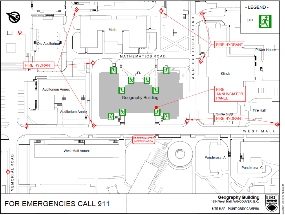 A map of the Geography Building with designated locations for exits, fire hydrants, and the predisignated meeting area, located accross West Mall.